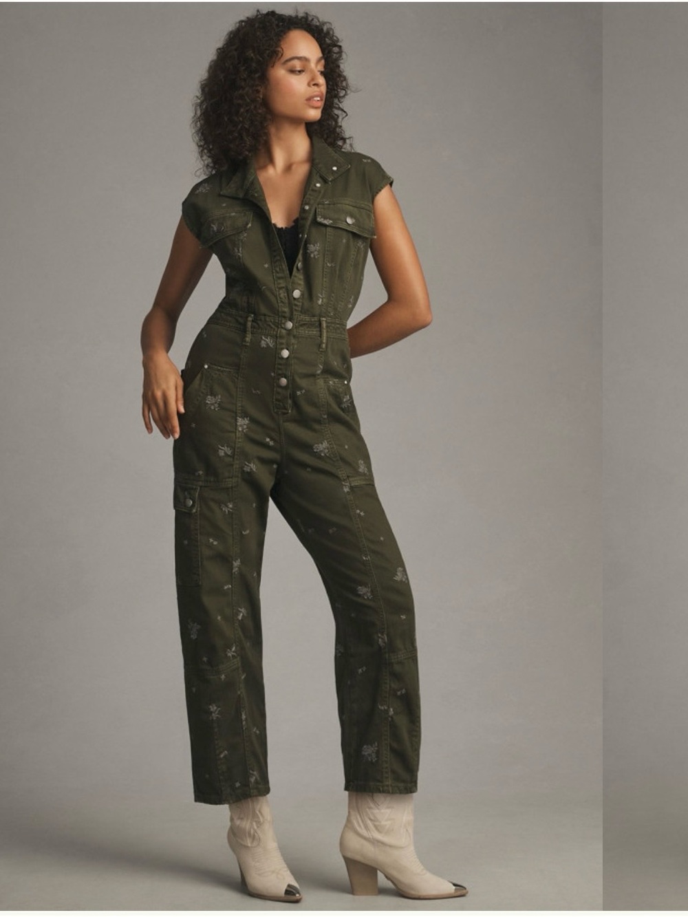 Anthropologie Olive Utility Button-Front Jumpsuit